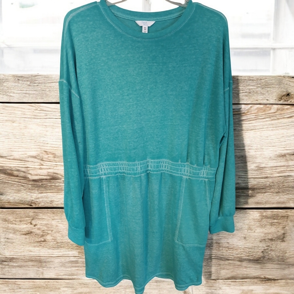 Time and Tru Women's Cinched Waist Sweatshirt Dress in a washed teal XXL (20)